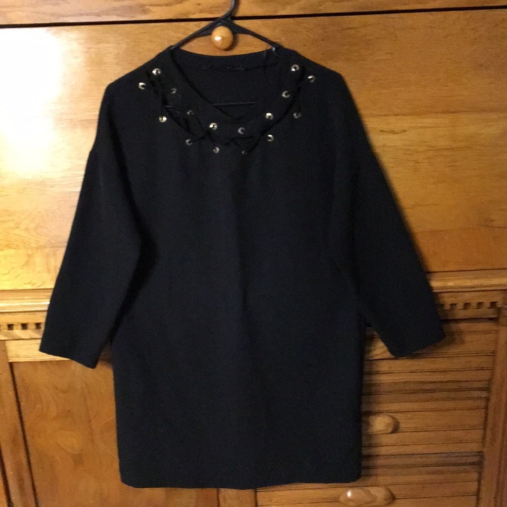 Zara‎ Basic Black Lace Up Grommet Neck 3/4 Sleeve Tunic Dress Top Corp Goth